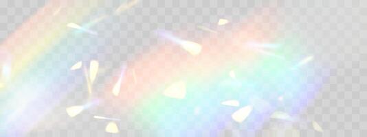 Rainbow blurred refraction overlay effect. Colorful light lens prism on background. Holographic reflection, iridescent crystal flare leak shadow overlay.. vector