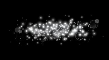 Silver magic sparks and dust stars. Glittering dots, particles, sparkles. Glow flare light effect. Silver luminous points, particles on black background. vector