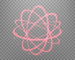 Atom particle, light effect glowing red magic rings. Neon realistic energy swirl. Abstract light effect on a dark background. illustration. vector