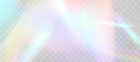 Rainbow blurred refraction overlay effect. Colorful light lens prism on background. Holographic reflection, iridescent crystal flare leak shadow overlay, illustration. vector