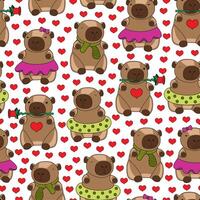 Cozy seamless pattern with capybaras and hearts on white background. Textile, wrapping paper, wallpaper design. Print for fabric. Kids background vector