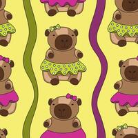 Cozy seamless pattern with capybaras on light yellow background. Capybara in skirt. Wavy lines. Textile, wrapping paper, wallpaper design. Print for fabric. Kids background. vector