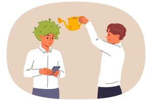 Man manager takes care of employees uses watering can as metaphor for investing in company personnel vector