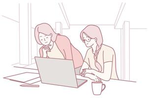 Two women are collaborating effectively while working over a laptop in a modern workspace setting vector