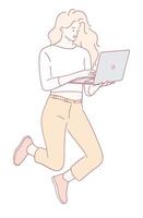 An enthusiastic woman joyfully using her laptop while happily jumping in the air vector