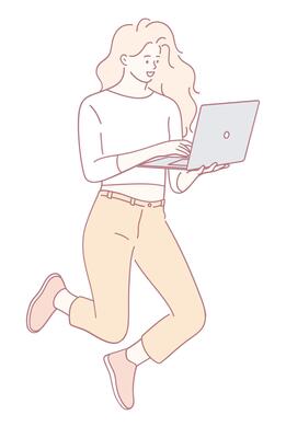 An enthusiastic woman joyfully using her laptop while happily jumping in the air