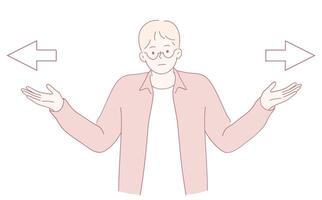 A person is thoughtfully choosing between two distinct directions for their journey vector