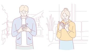 Two people are engrossed in their smartphones in different settings around them vector