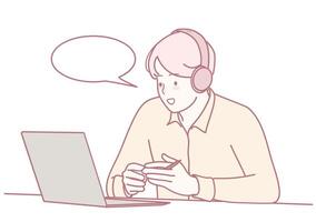 A person actively engaged in online communication using headphones while working remotely vector