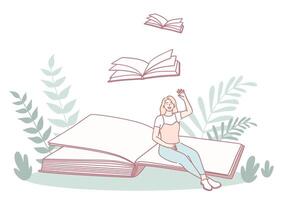 Experience a dreamy reading atmosphere where open books blend with nature, creating magic vector