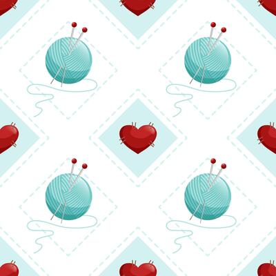 Geometric background seamless pattern in rhombus skein of wool yarn. Repeating small hearts for design. illustration.