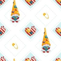 Geometric seamless rhombic tailor pattern with buttons. Repetitive pattern of cute gnome dwarf with safety pin and needle point pillow. vector