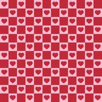 Seamless pattern with red hearts and squares. Geometric repeating gingham pattern, pink striped texture. vector