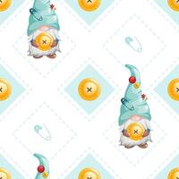 Geometric seamless rhombic tailor pattern with buttons. Repetitive pattern of cute dwarf gnome with pin for print design. illustration. vector