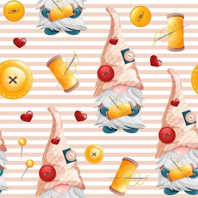 Seamless pattern striped, with tailor, buttons and little hearts. Repetitive pattern of cute gnome with sewing thread and needle. illustration.