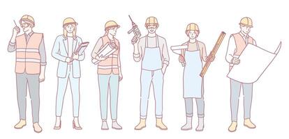 A Variety of Diverse Construction Workers Actively Engaged in Multiple Tasks and Projects vector