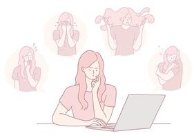 A Woman Expressing Various Emotions While Using a Laptop in a Modern and Thoughtful Way vector