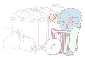 An Individual Actively Searching for Various Items in a Trash Bin or Dumpster Nearby vector