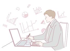 A skilled professional performs data analysis and visualization by using a laptop effectively vector