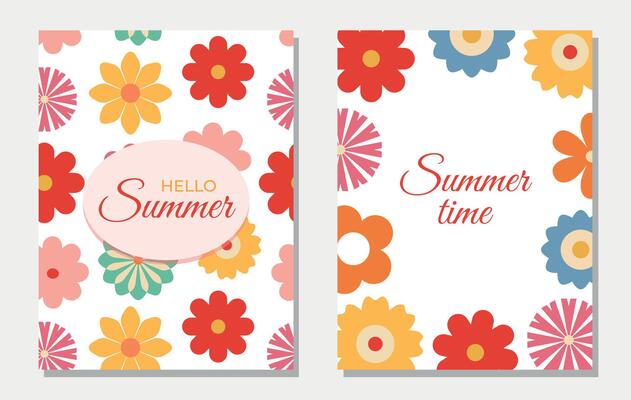 Bright summer floral cards with text. Retro groovy flowers, blossoms. Botanical modern frame, background, banner, flyer, birthday, mom's day greetings. .