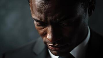 Close-up portrait of African American businessman with downward gaze against dark background photo