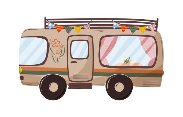 Retro camper for travel and summer vacations. Camping motor home on the white background. Isolated illustration.