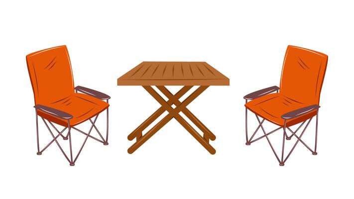 Folding wooden table and chairs. Camping furniture. Isolated illustration on white background.