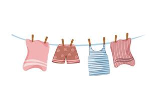 Clothesline with hanging clothes and towels. Drying laundry during camping. Isolated illustration on white background. vector