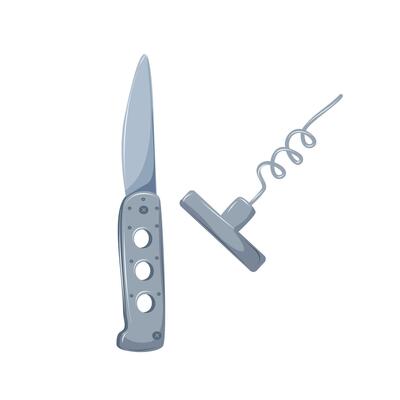 Folding travel knife and corkscrew. Camping equipment and utensils for cooking and opening drinks. Isolated illustration on white background.