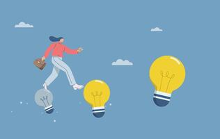 Creating bigger ideas, Stepping into new ideas, Business women crossing from a lamp that goes out to larger lamp, Creating or adjusting new ideas all the time in business. Flat illustration. vector