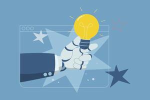 Using AI to create creativity, Innovation, Robot hand in suit holding light bulb, Web banner or template, Symbol of new innovation or discovery, Flat design illustration. vector
