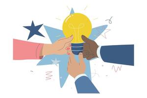 Team or organization brainstorming, Creativity, Innovation, Many hands holding light bulb, Web banner or template, Symbol of new innovation or discovery, Flat illustration. vector