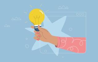 Creativity, Innovation, Hand holding light bulb, Big idea, Brainstorming, Web banner or template, Symbol of new innovation or discovery, Flat design illustration. vector