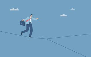Uncertain business risk, Business direction choice in crisis, Risk management challenge, Businessman in suit holding briefcase walking on tightrope with dividing line. Flat illustration. vector