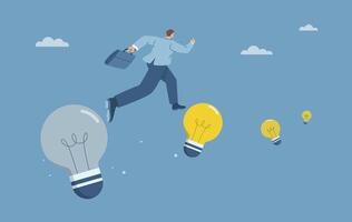 Go beyond conventional ideas, Step into new idea, Businessman runs from burned out light bulb to a new one, Constantly creating or adapting new ideas in business, Discovering new things. vector