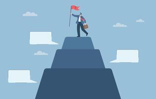 Level milestone plan, Project sequence, Workflow or process, Checkpoints on the way to high level goal, Businessman on mountain with success flag, Flat design illustration. vector
