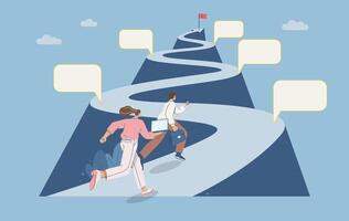 Project timeline, Roadmap, Businessman runs up steep road with a red flag at his destination, Project planning development timeline in business, Important route map with action plan. vector