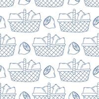 Patterns of baskets filled with snacks and desserts create a playful design vector