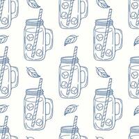 Mason jar drinks filled with ice and straws set against a white background in a pattern vector