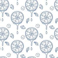 Pattern featuring slices of lemon with ice cubes and leaves on a white background vector