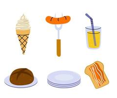 Variety of delicious foods and beverages displayed on a simple background vector
