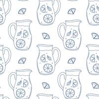 Pattern featuring pitchers of lemonade with lemon slices and leaves on a light background vector
