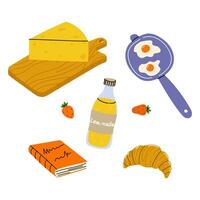 Breakfast items arranged with cheese, eggs, croissant, lemonade, and a notebook on a wooden board vector