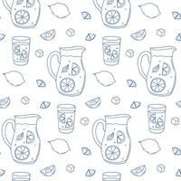 Refreshing lemonade pattern featuring pitchers and glasses with lemon slices and ice cubes vector