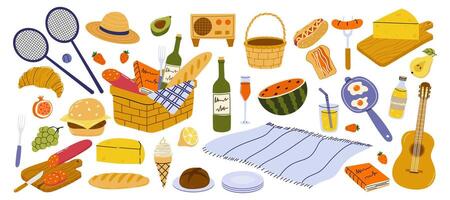 Picnic basket with food and drinks arranged on a blanket in a sunny outdoor setting vector