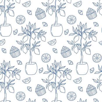 Lemon and cupcake themed decorative pattern with plants presented in a minimalistic style vector