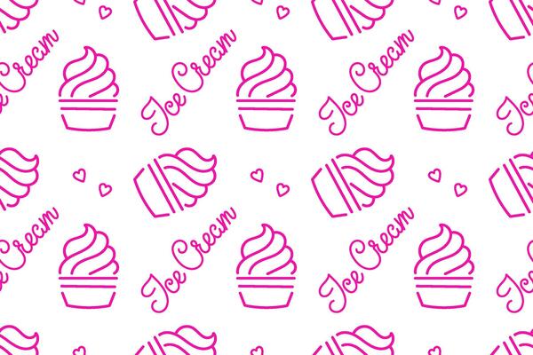 Colorful ice cream pattern with soft serve and playful hearts on a white background
