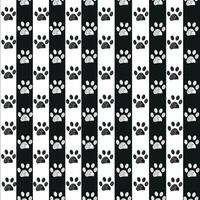Black and white stripe pattern with doodle paw prints. Seamless fabric design pattern vector