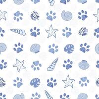 Sea shells and paw prints. Seamless fabric design pattern vector