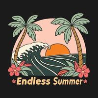 Summer T shirt Design Endless Summer Beach Scene with Palm Trees and Waves vector